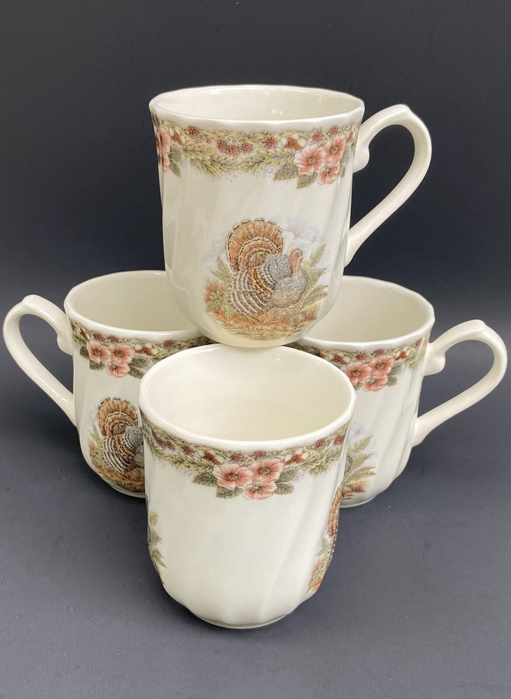 4 NEW Myott Churchill 10oz Turkey Floral Swirl Thanksgiving Coffee Tea Mugs