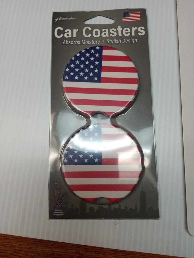 AMERICAN FLAG CUSTOM CERAMIC SANDSTONE CAR COASTER SET 2 FOR CUP HOLDER