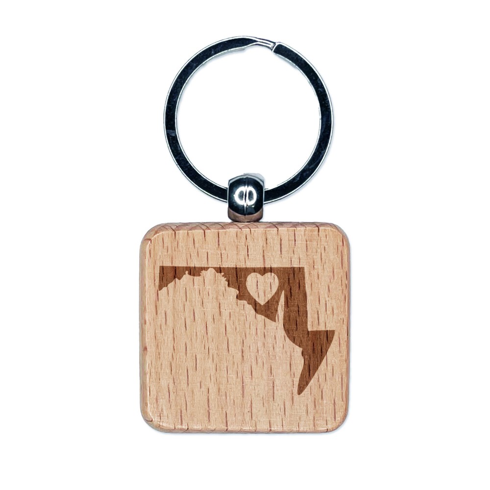 Maryland State with Heart Engraved Wood Square Keychain Tag Charm