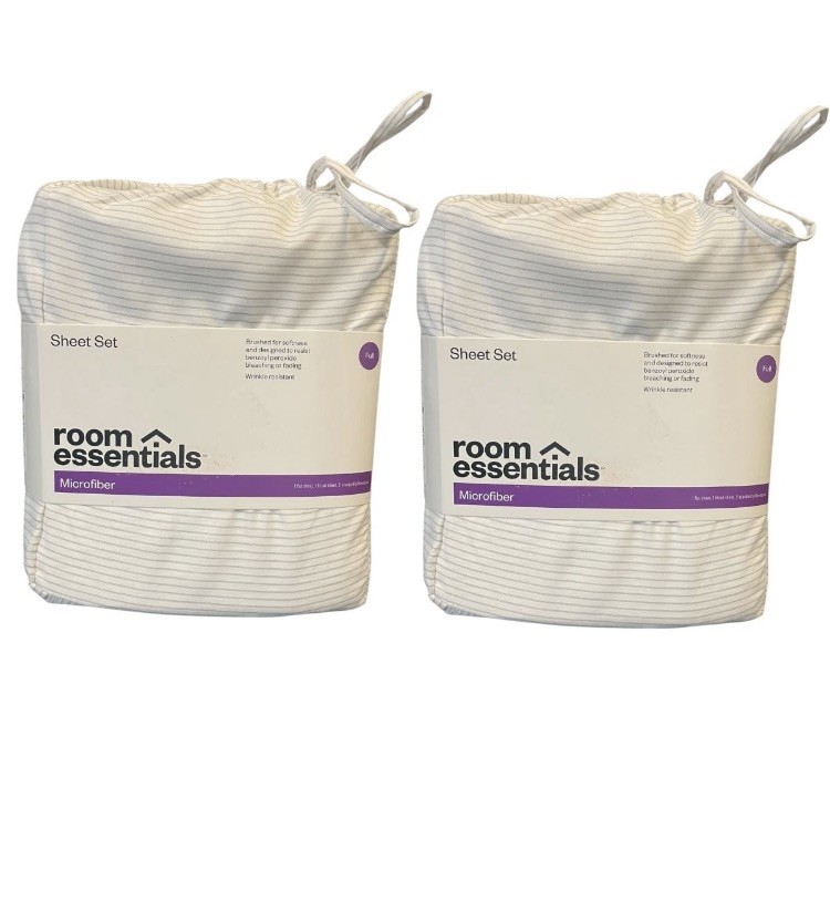 Lot of 2 Room Essentials Printed Microfiber White/Gray Stripe Full Sheet Set