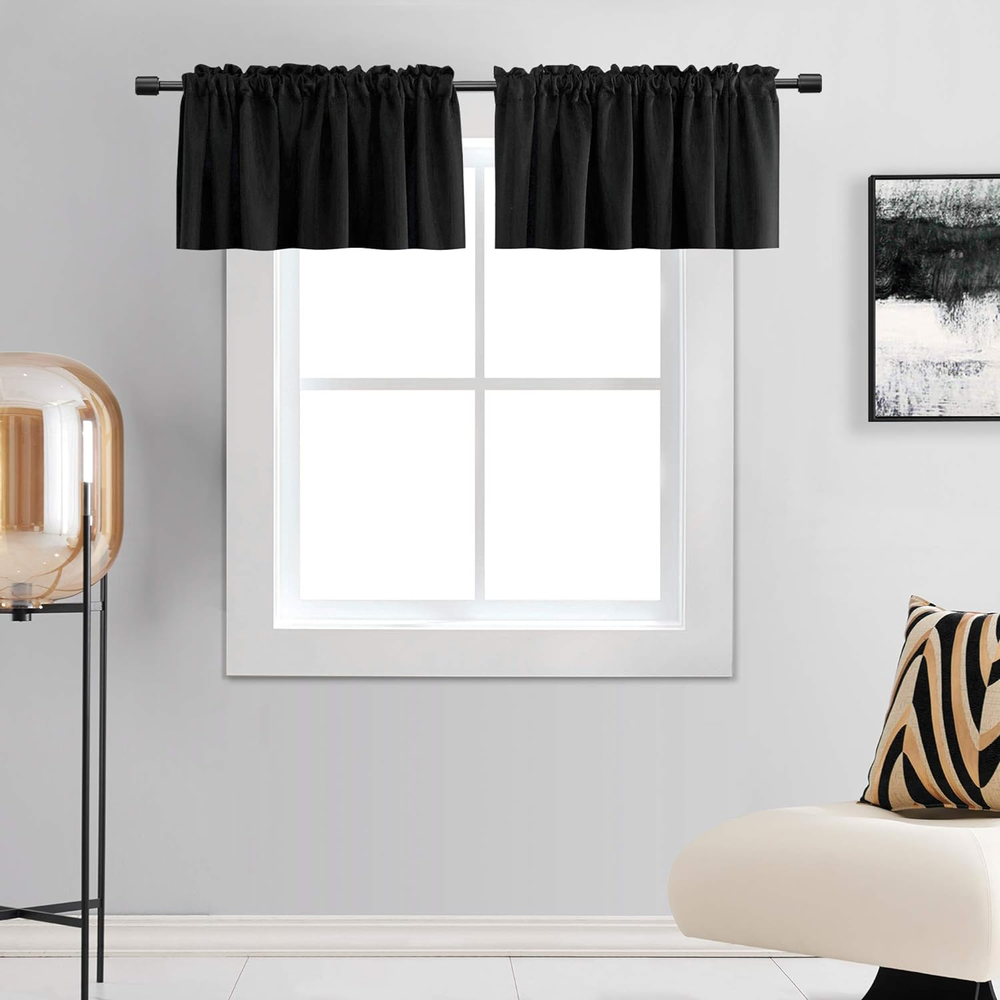 DONREN 15 Inches Long Black Valances for Windows - 2 Panels Blackout Theme Insul