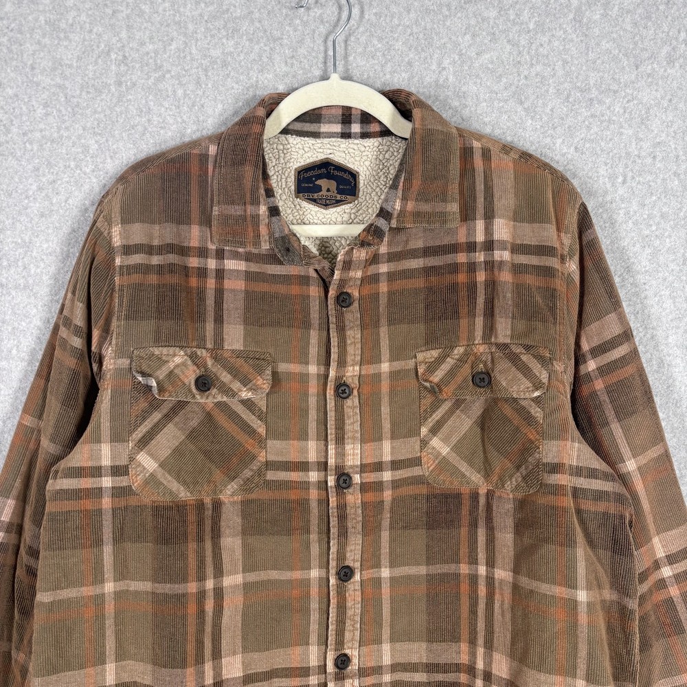 Men's Large Brown Plaid Corduroy Sherpa-Lined Shacket for Warmth by Freedom Foundry