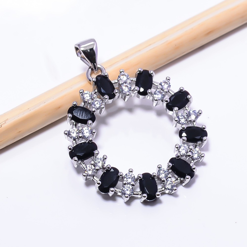 Black Onyx Cubic Zirconia 925 Sterling Silver Pendant 1.25 Inch P13
