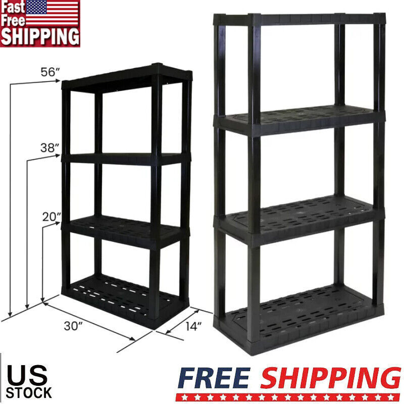 4-Tier Shelf Plastic Garage Shelves Rack Storage Organizer Shelving Black 400lbs
