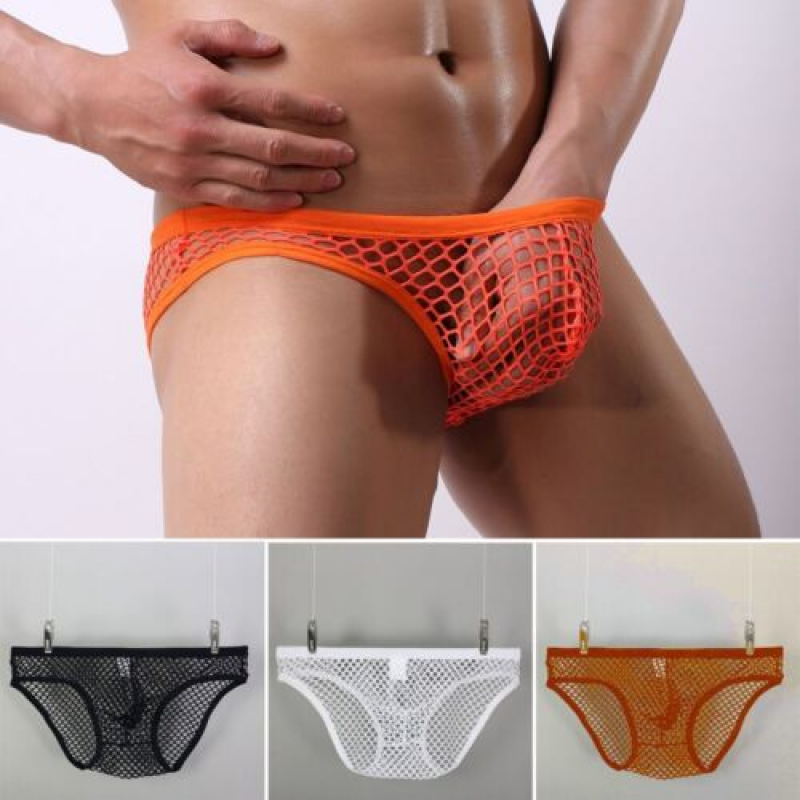 Men Sexy Fishnet Bikini Briefs Thongs Underwear Hollow Breathable Mesh Lingerie