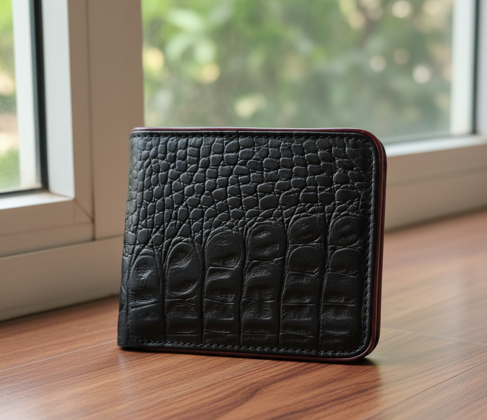Crocodile Leather Bifold Pattern Wallet Skin Men's Real Handmade Black Genuine