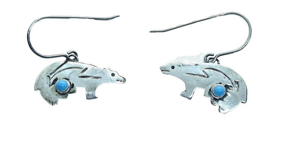 Vintage Sterling Silver Turquoise Native American Bear Dangle Earrings