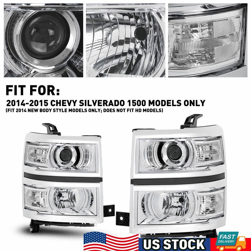 FOR 2014-2015 CHEVY SILVERADO CHROME WHITE PROJECTOR HEADLIGHT/LAMP W/LED DRL