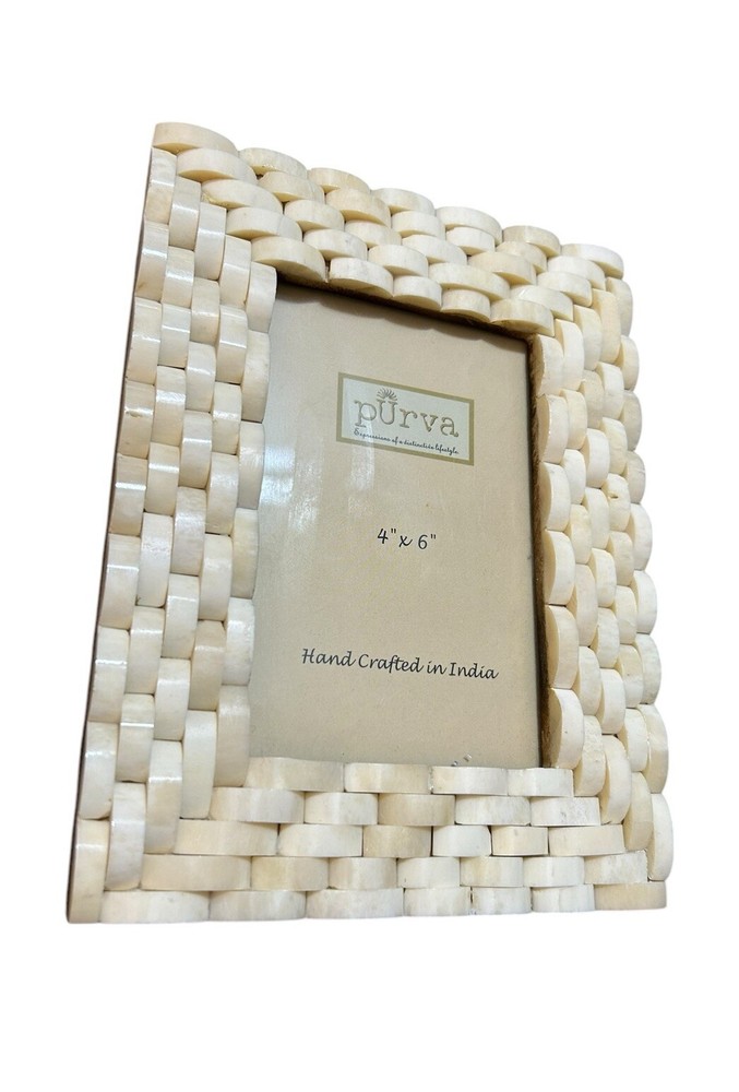 Vtg Purva Picture Frame For 4” X 6” Photo Hand Crafted in India Bone Off White