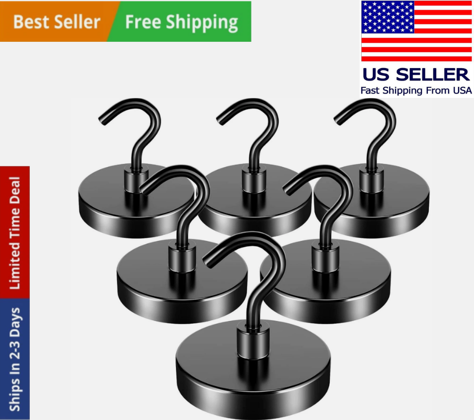 6 Pack 110 Lbs Magnetic Hooks Heavy Duty, Neodymium Magnet Hooks, Strong Black M