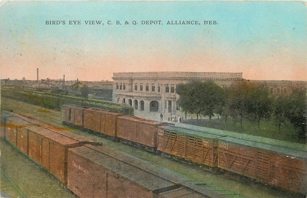 c1910 Alliance Nebraska Birdseye View CBQ Railroad Depot Postcard 25-10654
