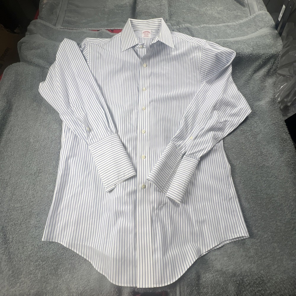 BROOKS BROTHERS Men's Dress Shirt 15-33 Blue Stripe French Cuff NON IRON Cotton