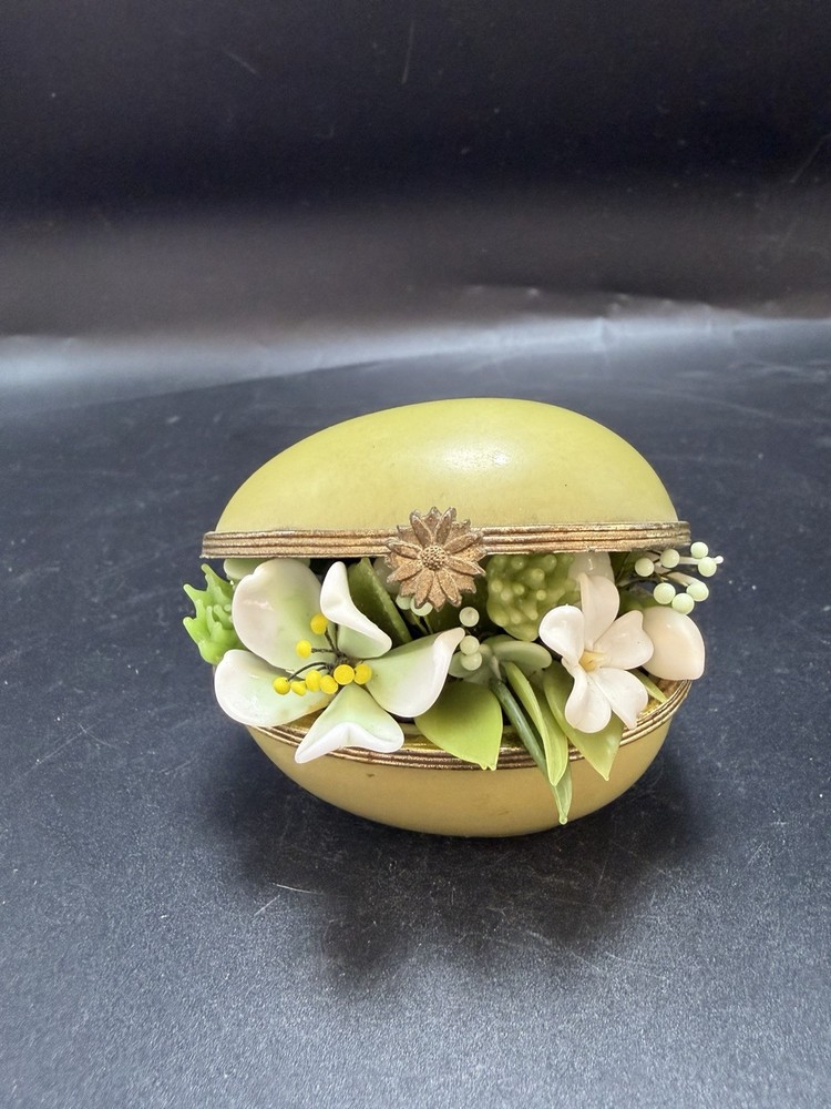 Rare Gorham Porcelain Green Egg Trinket Dish With Gold Trim And Floral Filling