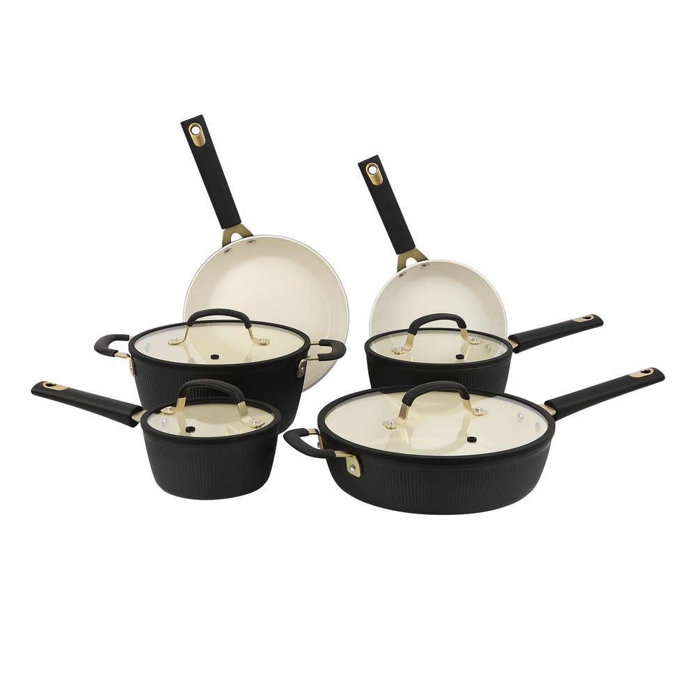 10-Piece Black Striped Ceramic Nonstick Cookware Set Dishwasher Safe Pots & Pans