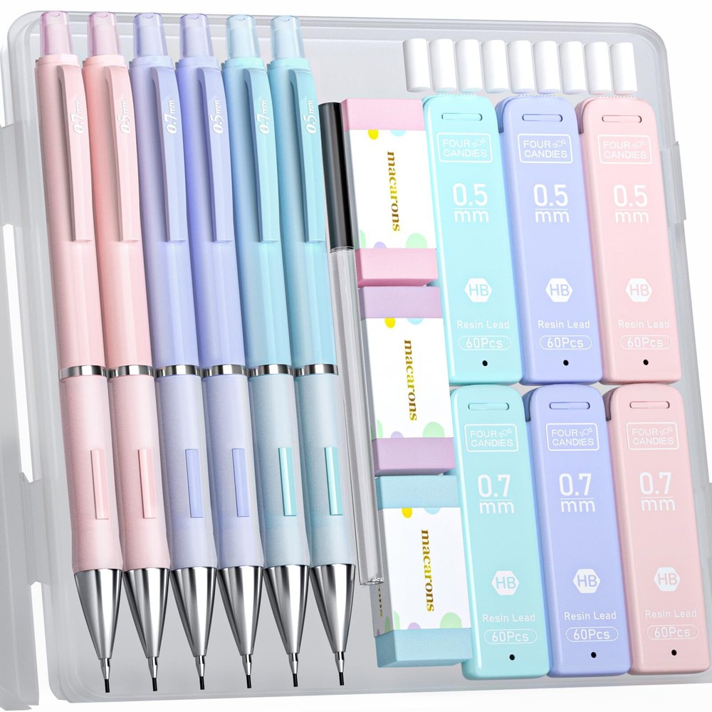 Four Candies Pastel Mechanical Pencil Set - 6PCS 0.5 mm & 0.7mm Pencils with ...