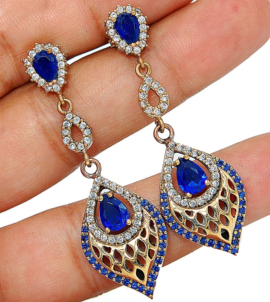 Ottoman Empire Inspired 8CT Treated Sapphire 925 Sterling Silver Drop Earrings TE3476