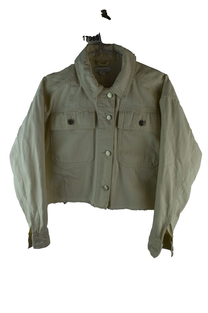 Topshop Womans Cropped Denim Button Collared Trucker Jacket Size XS Beige