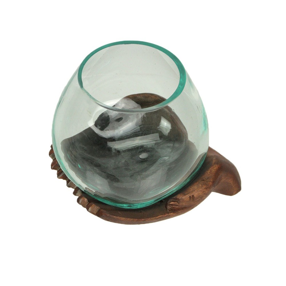 Zeckos Blown Molten Glass and Carved Wood Hands Decorative Bowl