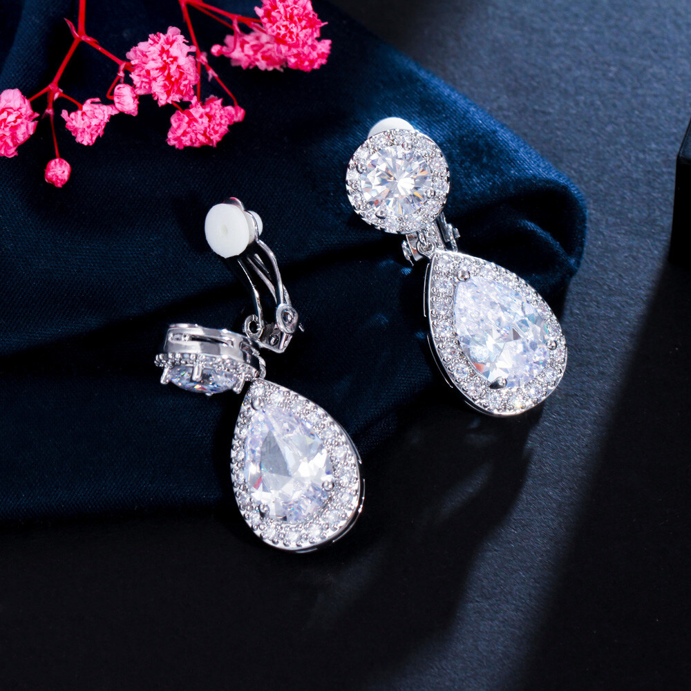 CZ Drop Non-Pierced Clip-On Earrings for Brides & Women's Fashion Jewelry