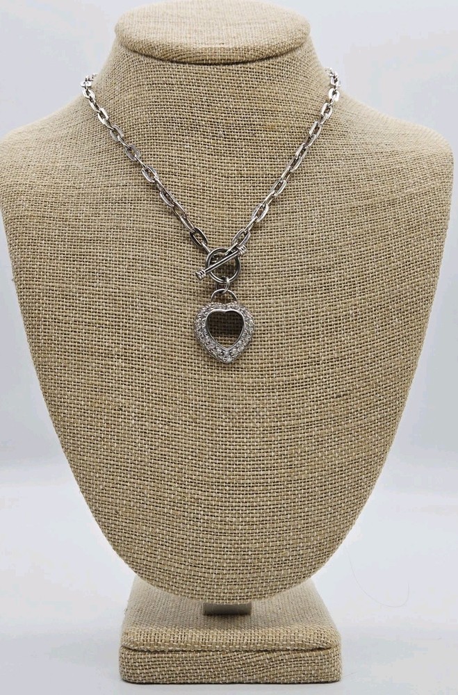 Sterling silver 925 Necklace Crystal Hearts Pendant toggle Onal Link Signed M