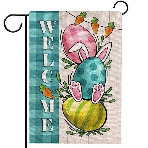 Seasonal Yard Welcome Garden Flag 12x18 Easter Bunny Rabbit Eggs Plaid Carrots-image