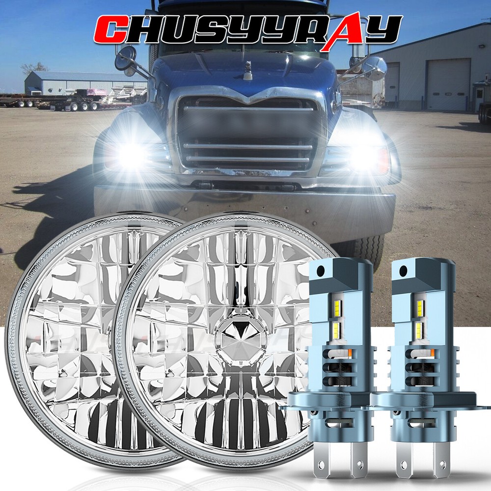 Pair For Mack Granite CV713 Dump Trucks 7inch Round Led Headlight Hi/Lo Beam