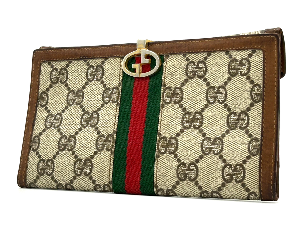 GUCCI GG Supreme Sherry Line Long Wallet in Brown PVC Leather Authentic