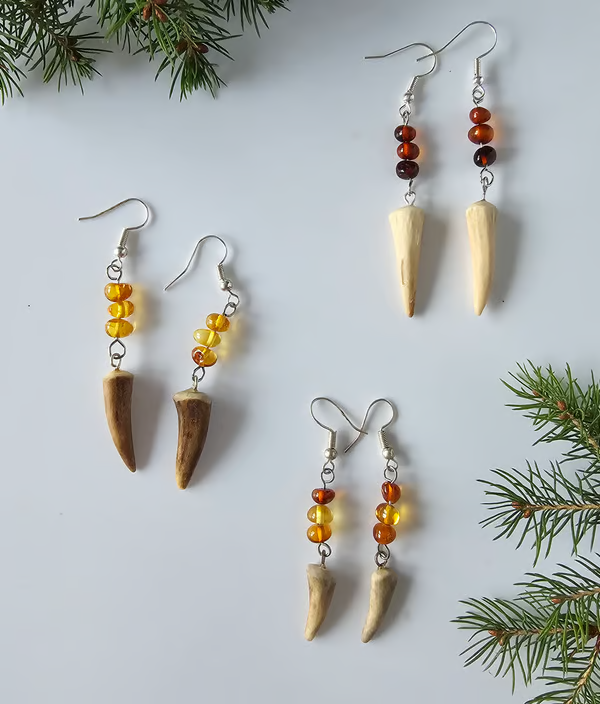 Handmade earrings, Deer antler earrings, Earrings with amber