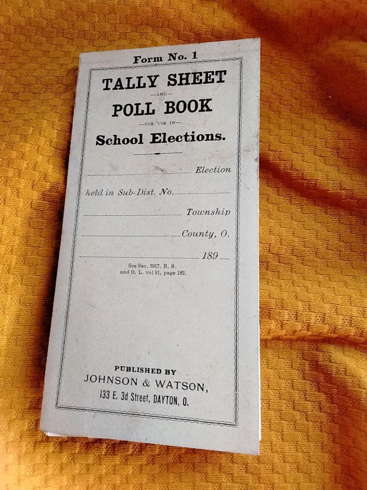 Jackson Township Clermont County Tally Sheet Poll Book School Elections 1898