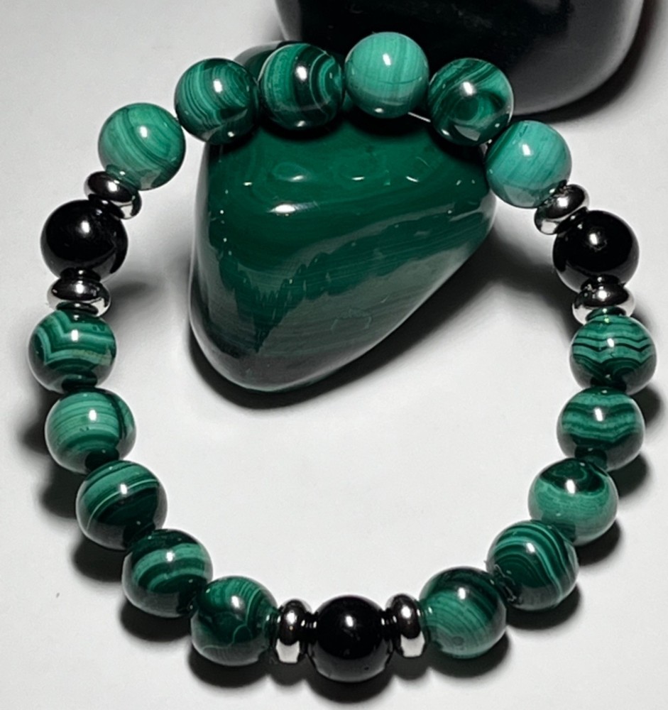 Malachite and Black Tourmaline Crystal Healing Bracelet 8mm