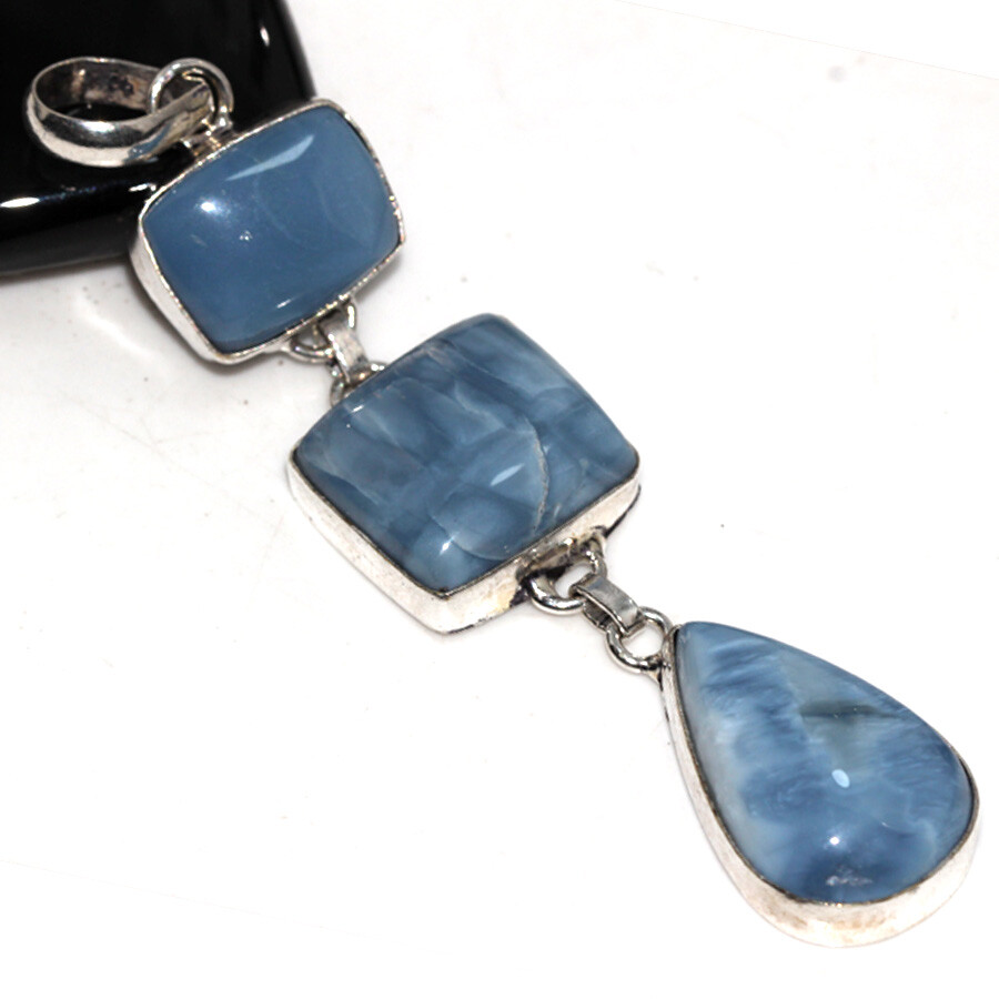 925 Silver Plated Owhyee Blue Opal Ethnic Long Pendant Jewelry Size 3.5