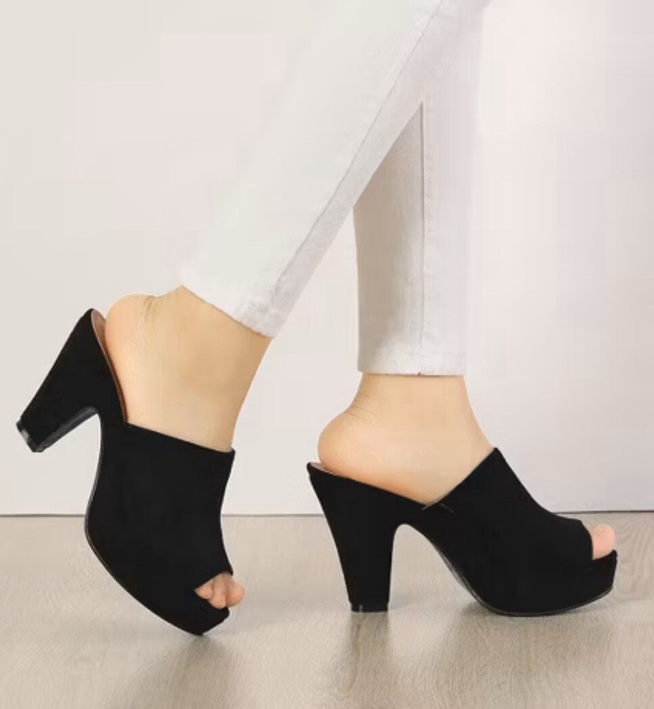 Allegra K Black Suede Block Heel Platform Sandals Womens Size 9 Open Toe