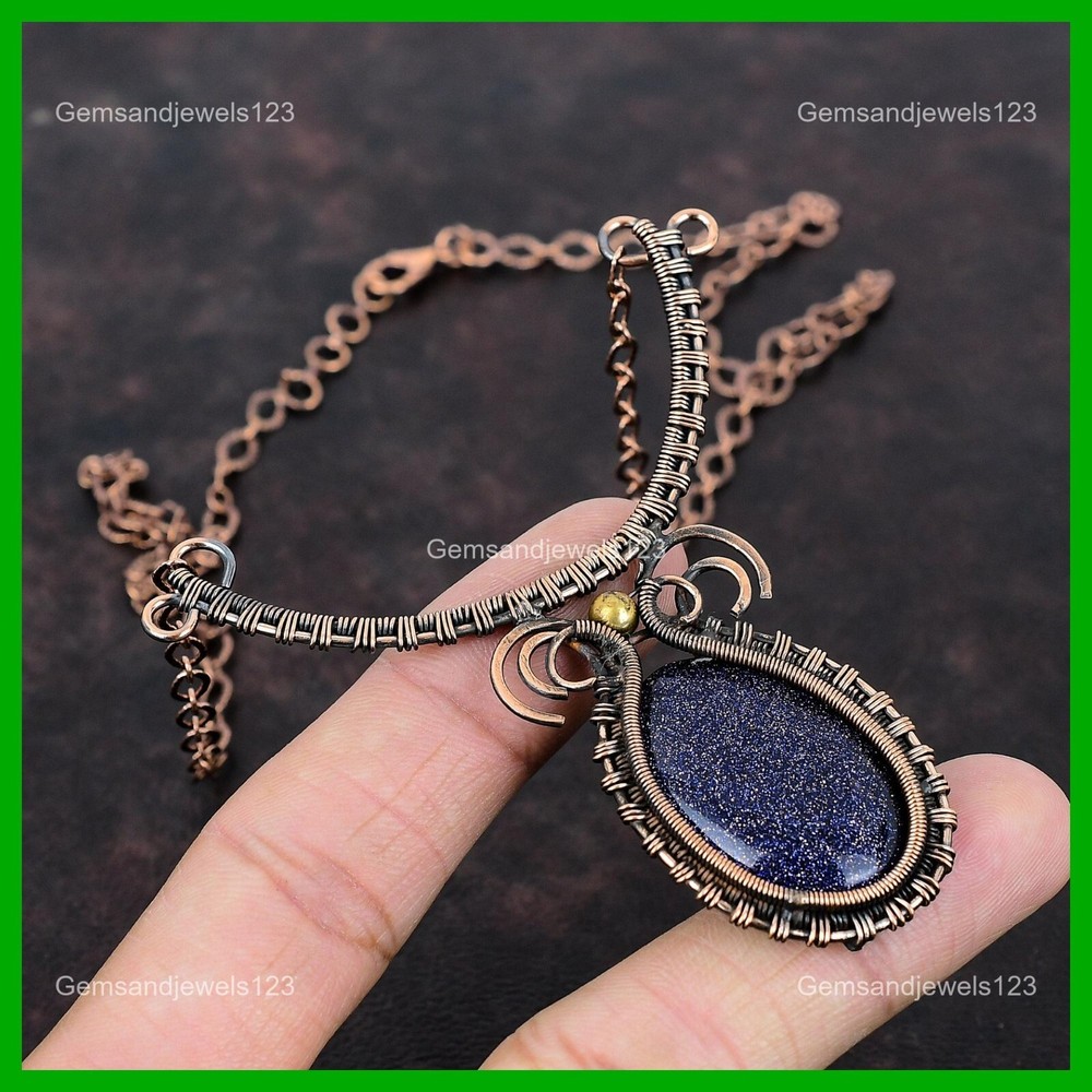 Mothers Day Natural Blue Sunstone Copper Wire Wrapped Necklace Gift-image