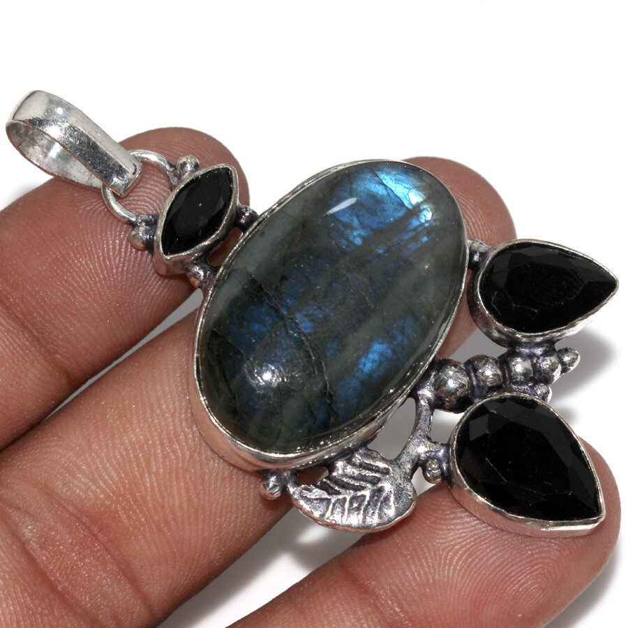 Fiery Labradorite Black Onyx 925 Silver Plated Long Gemstone Pendant 2.5