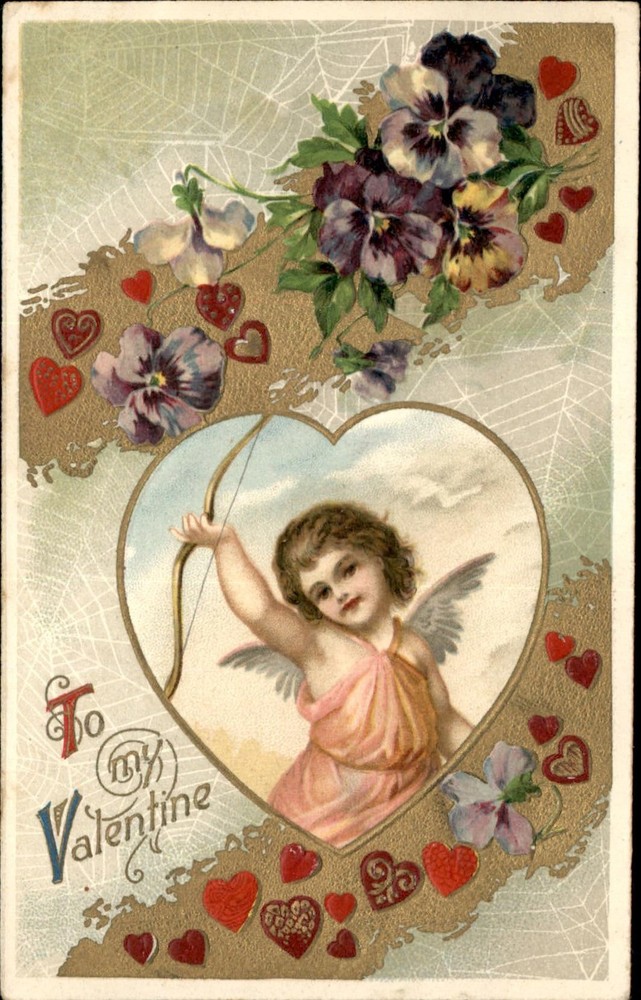 Valentine Cupid Hearts Pansies Gilt Embossed WINSCH c1900-20s Vintage Postcard