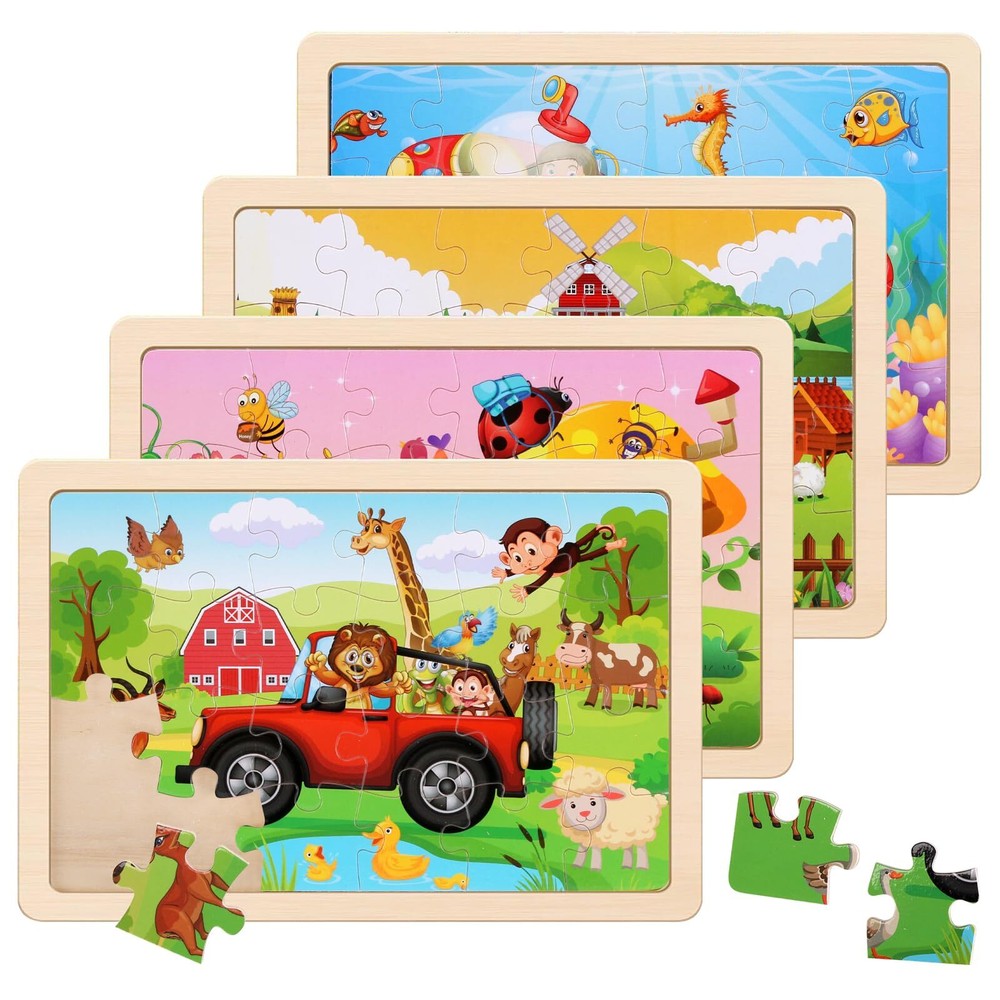 Wooden Puzzles Toys for Kids Ages 3-5 Set of 4 Packs with 20-Piece Farm Anima...