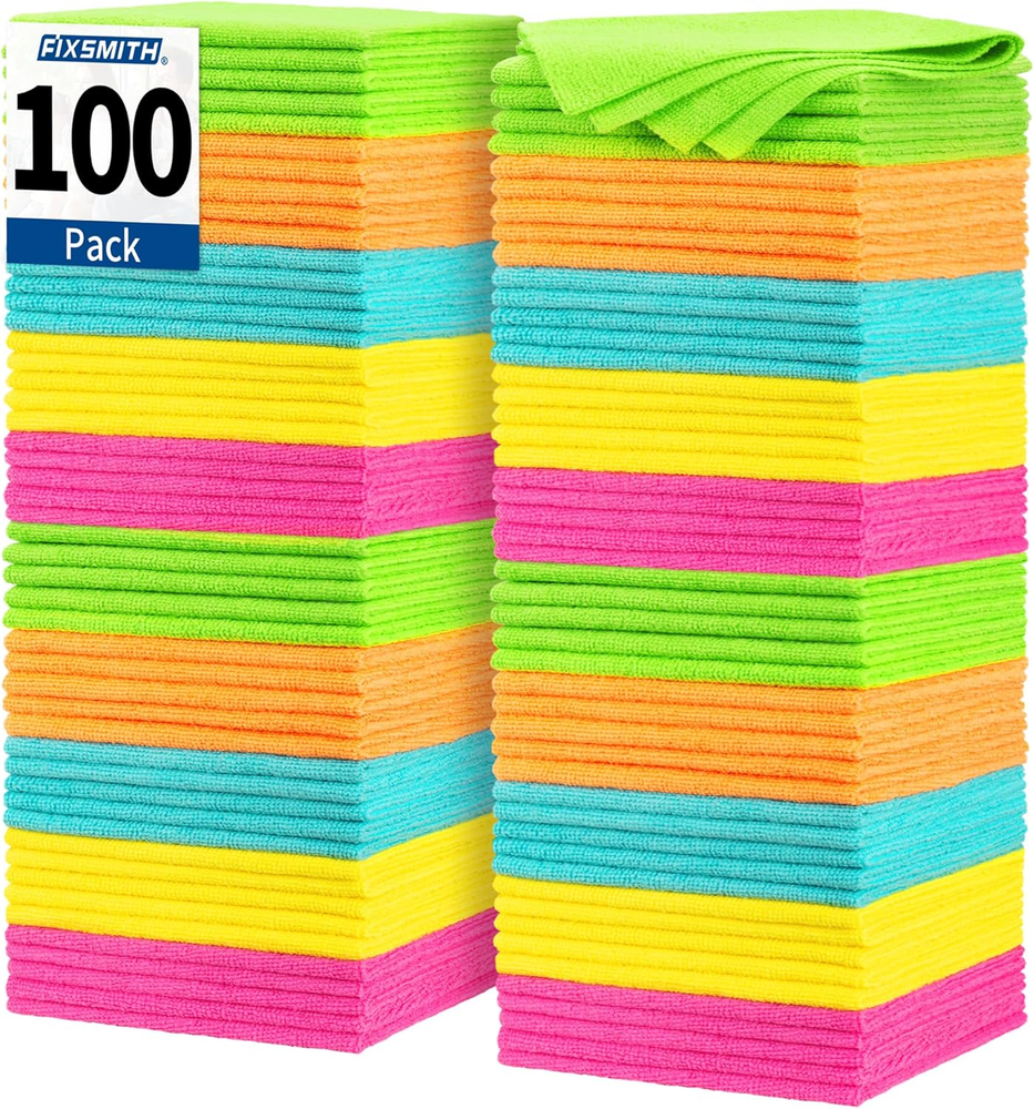 FIXSMITH Microfiber Cleaning Cloth, 100 Pack Shop Towels, Micro Fiber Cloth for