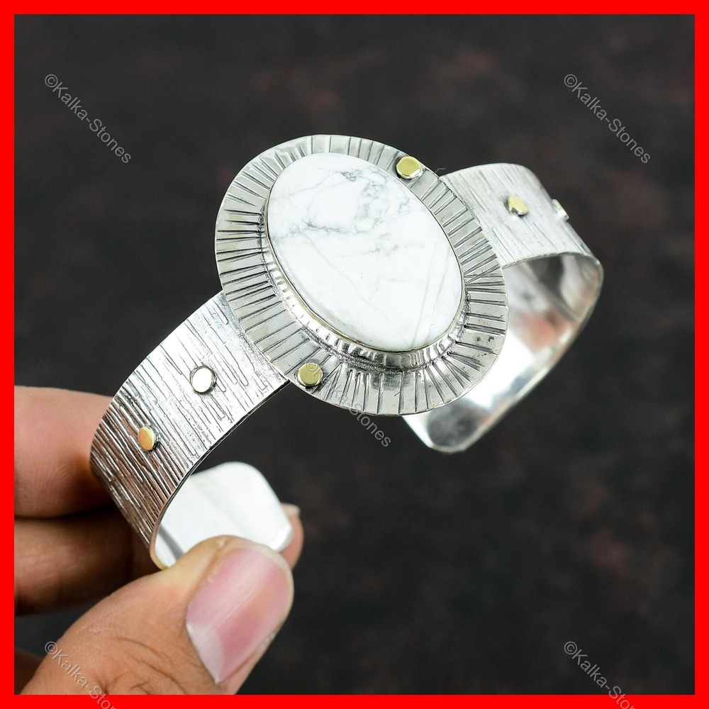 Mothers Day Sterling Silver Oval Howlite Gemstone Bangle Bracelet-image