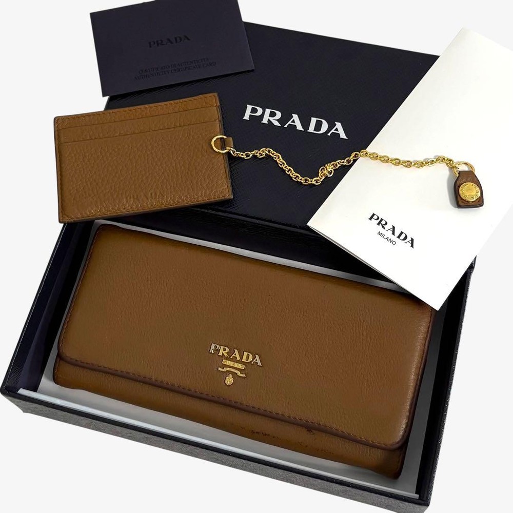 Prada Bifold Wallet Brown Grain Leather Pass Case Used No Box