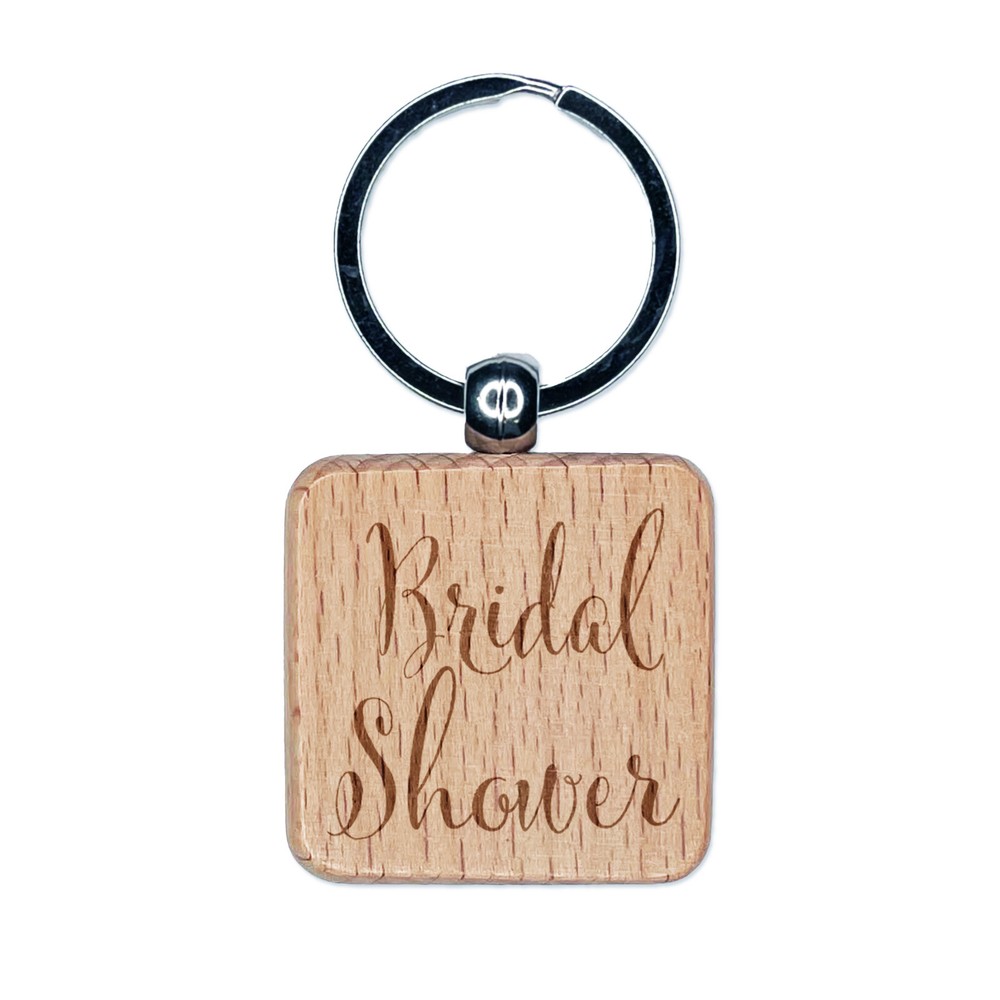 Bridal Shower Cursive Text Wedding Engraved Wood Square Keychain Tag Charm