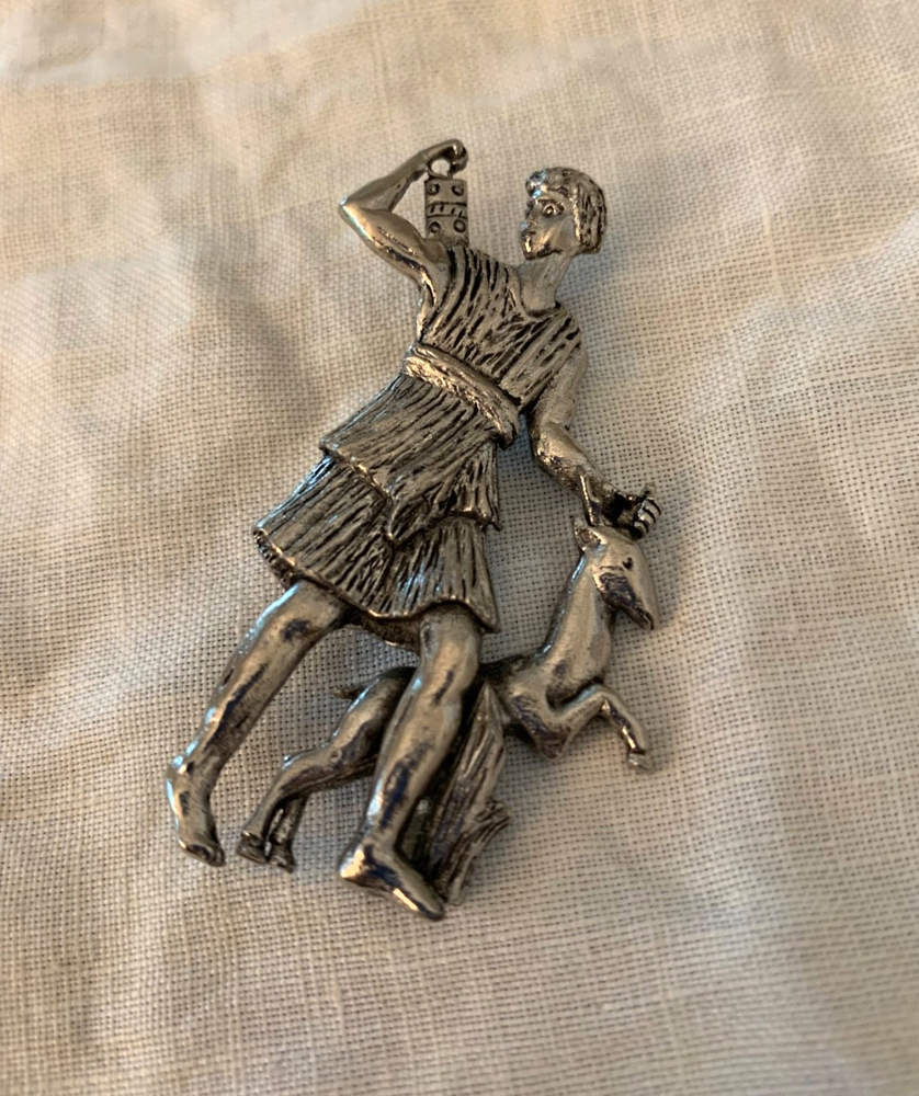 Vintage Mythical Huntress Brooch – Silver Tone with Deer – Roman Greek Style Pin