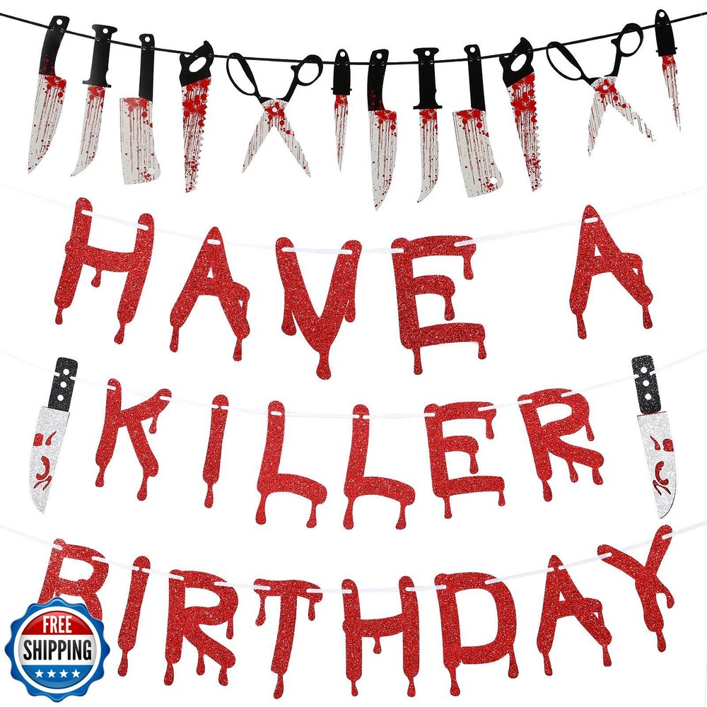 4 Pcs Killer Birthday Banner Halloween Party Decor Knife Hanging
