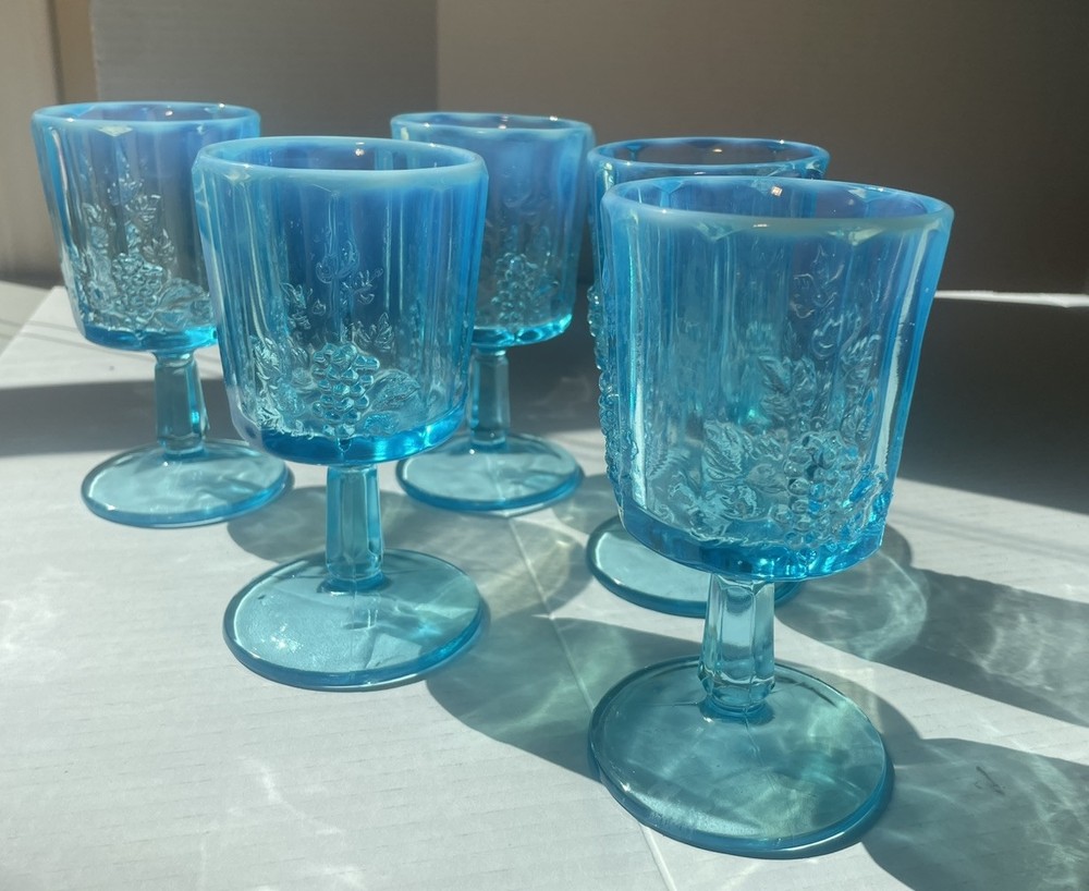 Vintage Westmoreland Blue Opalescent Paneled Grape Water Glasses Set of 5