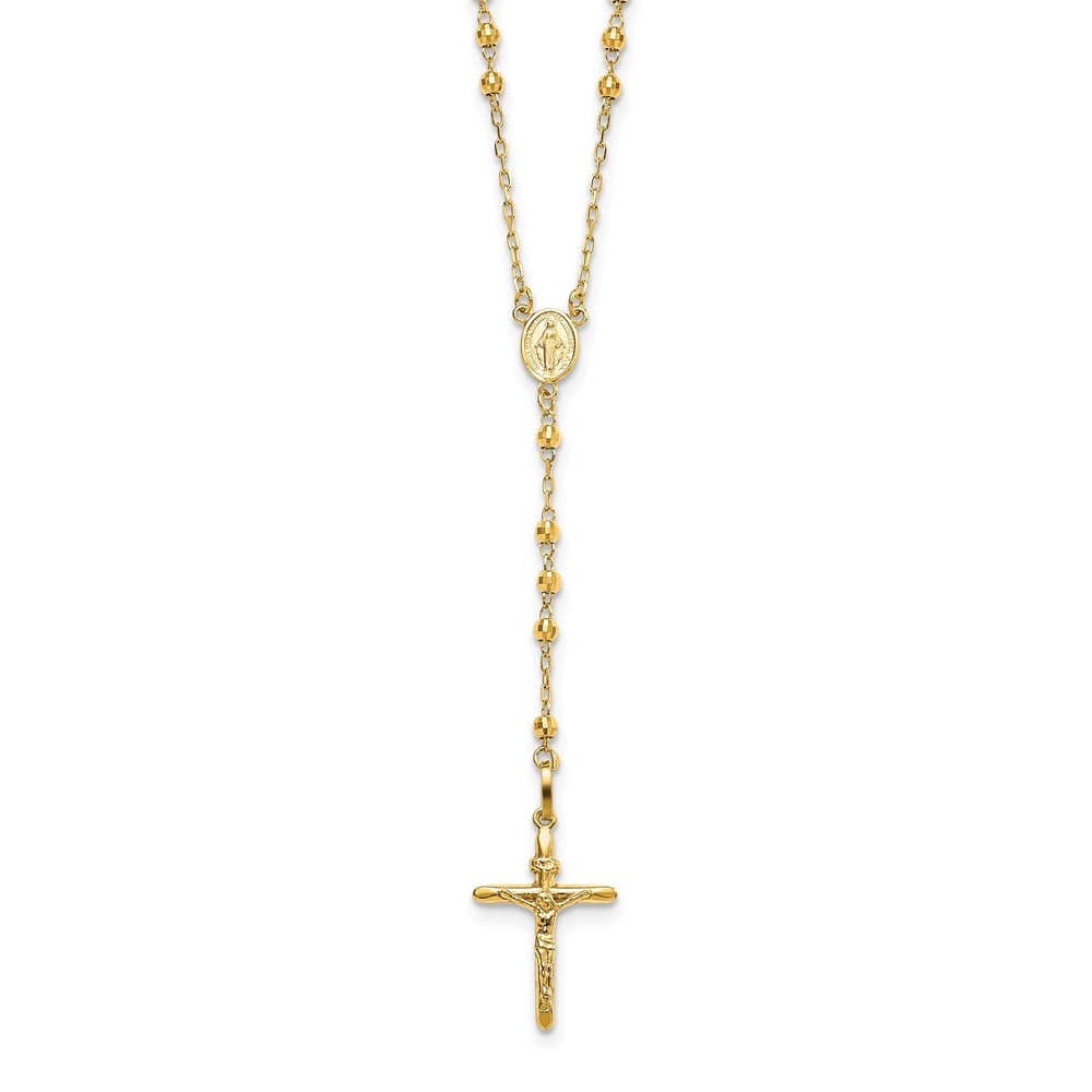14k Yellow Gold Crucifix Medal 3mm Mirror Beads Semi-solid Rosary Necklace 24