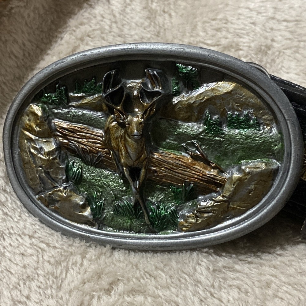 Bergamot Brass Works Belt Buckle 1983 G-145 Deer With Tooled Leather Belt 42 VTG