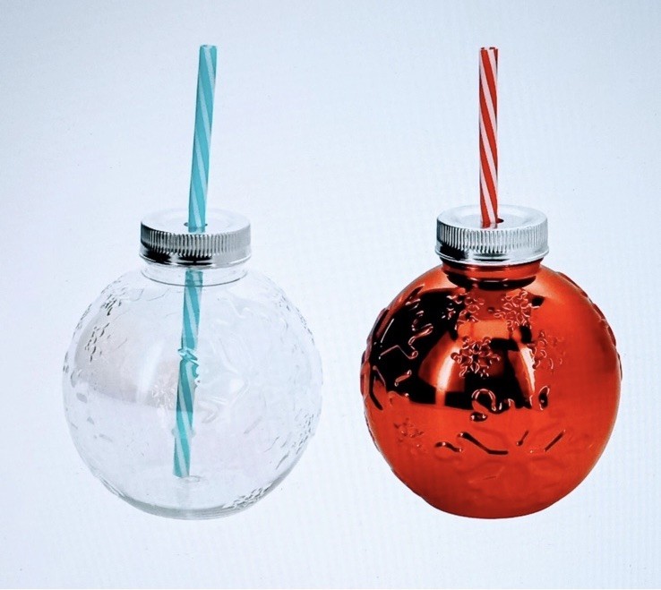 Christmas Holiday Ornament Ball Sipper  w/Straw, 20oz Red & Clear