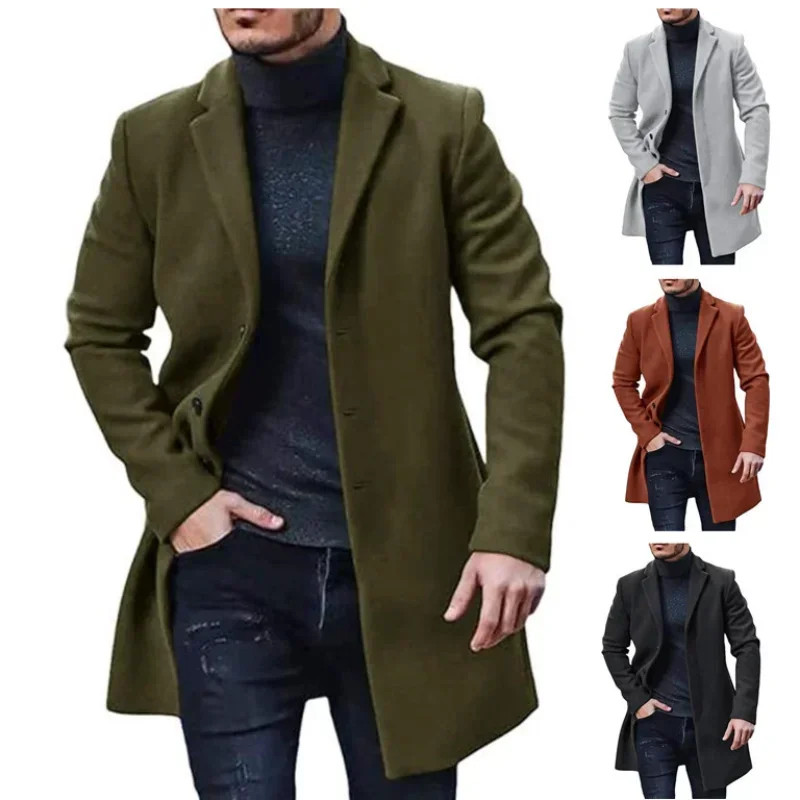 New Men's Coat Woolen Overcoat  Windbreaker Solid Color Trench Autumn and Winter
