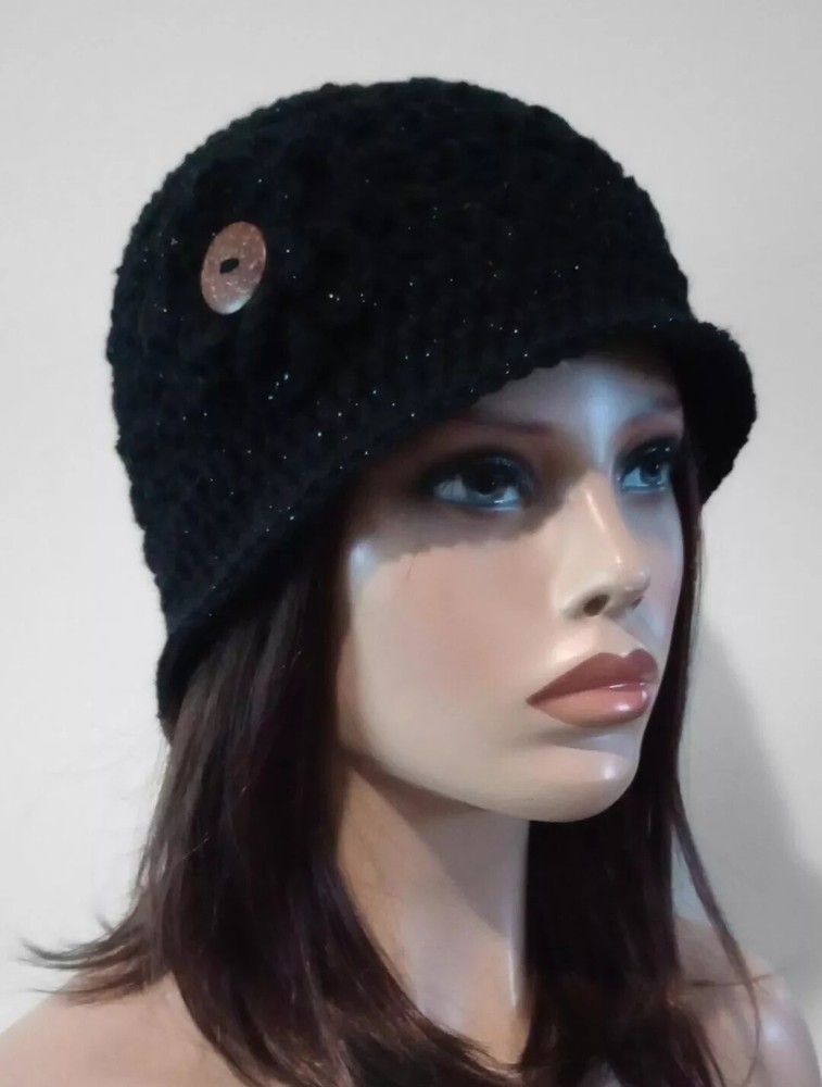 handmade womans crochet bucket flower hat brim metallic black USA made