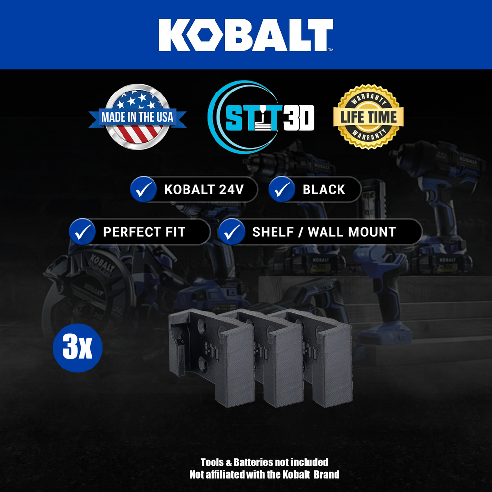 3 pack Kobalt 24 volt / battery holder / Hanger / shelf mount 3d printed Black