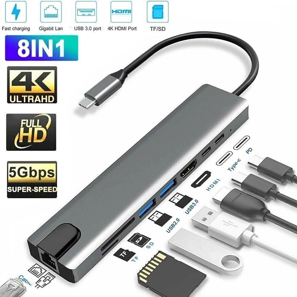 For Macbook Laptop 8 in 1 Multiport USB-C Hub Type C To USB 3.0 4K HDMI Adapter